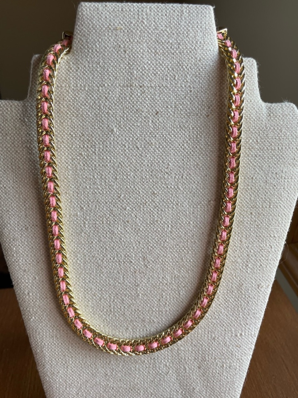RJ Graziano Gold Tone Chain Woven with Pink Leather Braided Necklace